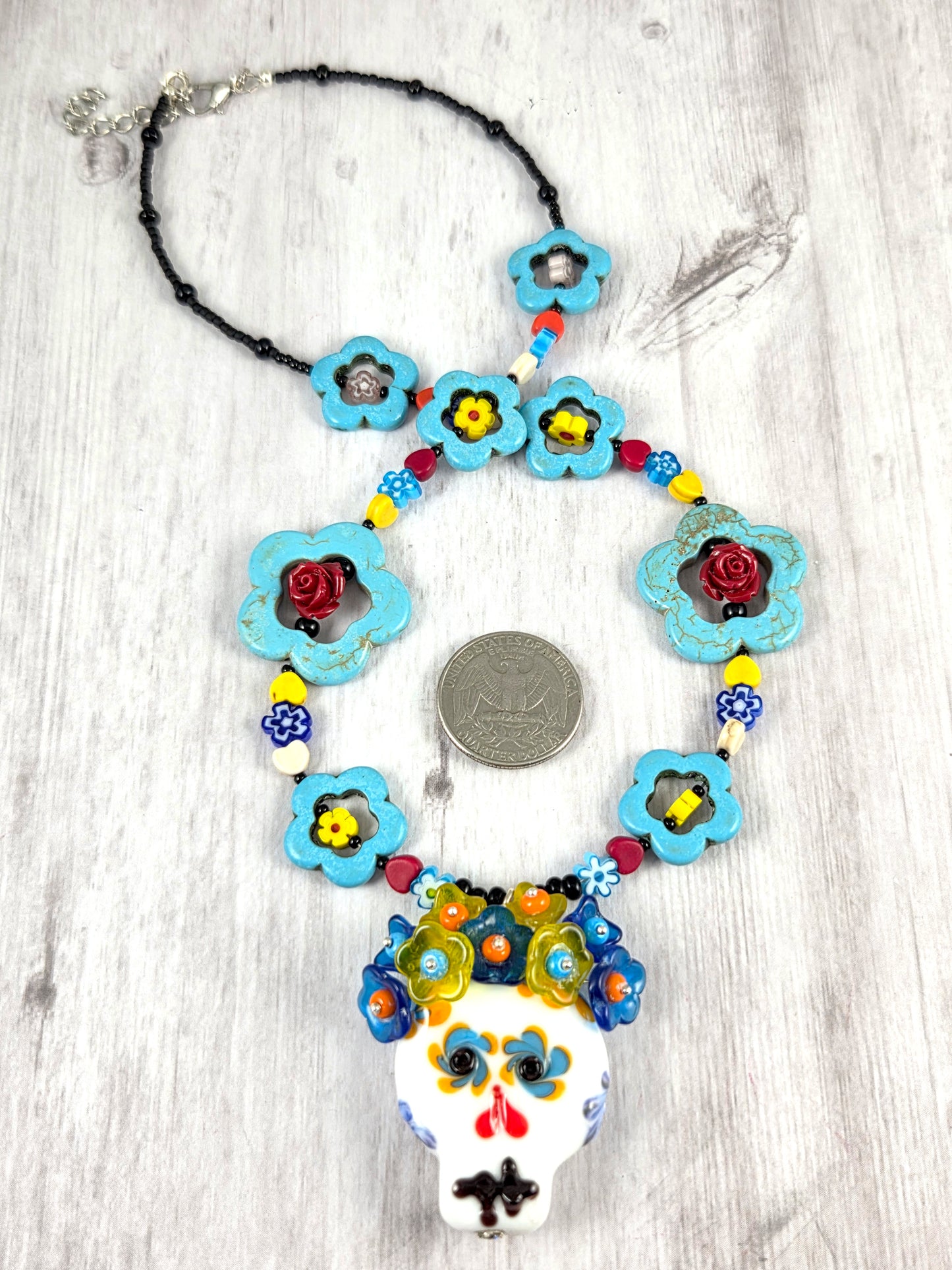 Colorful Floral Dia de los Muertos Lampwork Sugar Skull Statement Necklace
