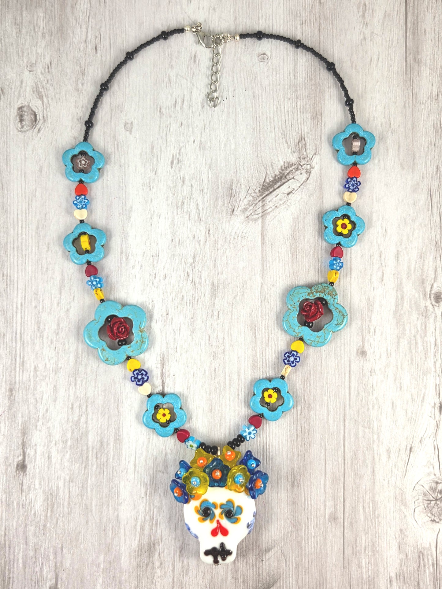 Colorful Floral Dia de los Muertos Lampwork Sugar Skull Statement Necklace