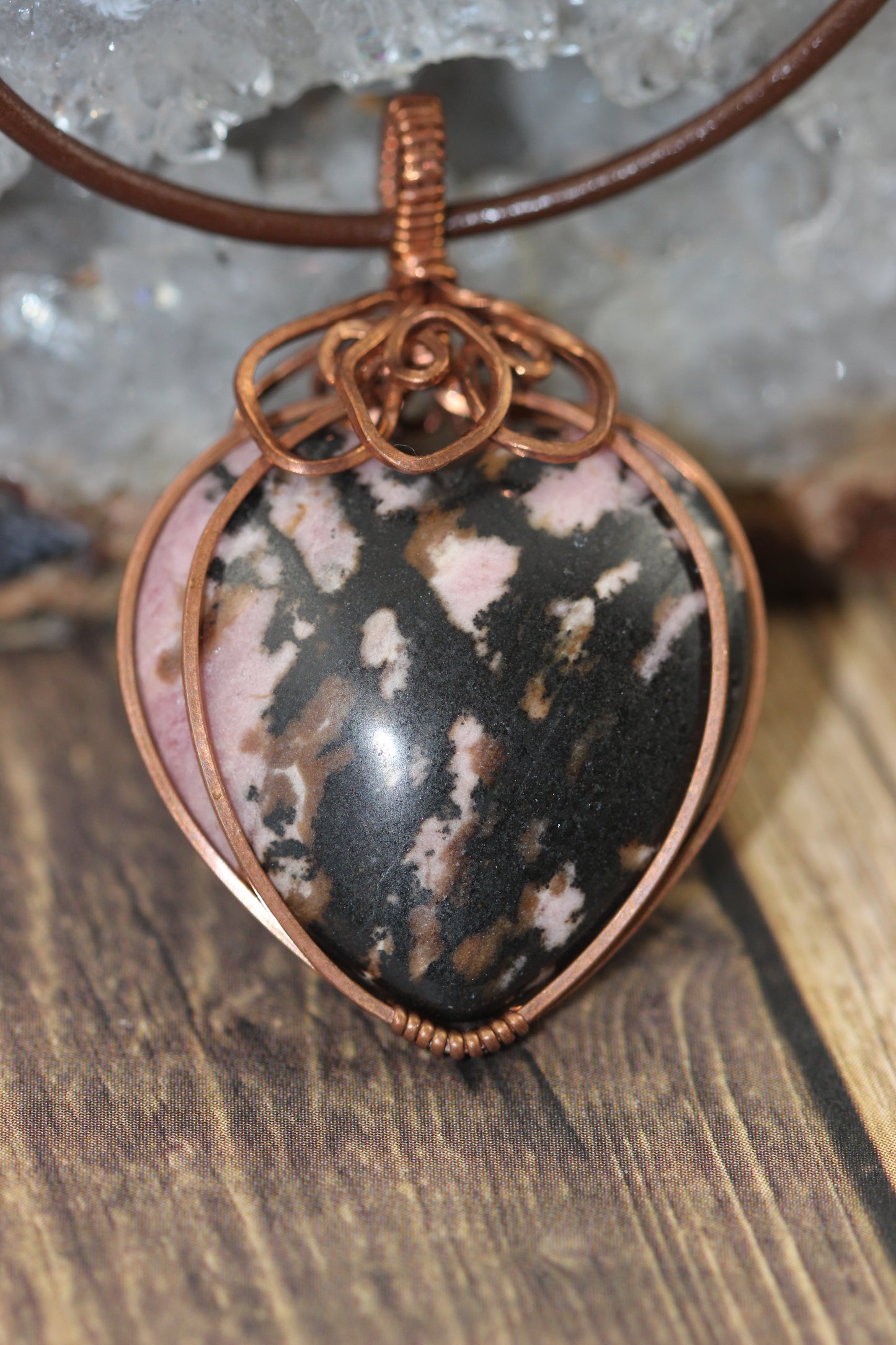 Pink and Brown Rhodonite Heart Strawberry Pendant Necklace