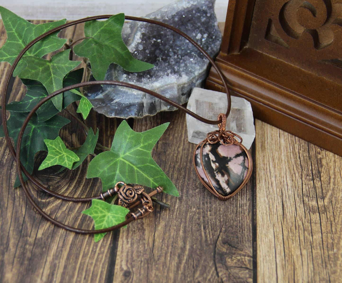 Pink and Brown Rhodonite Heart Strawberry Pendant Necklace