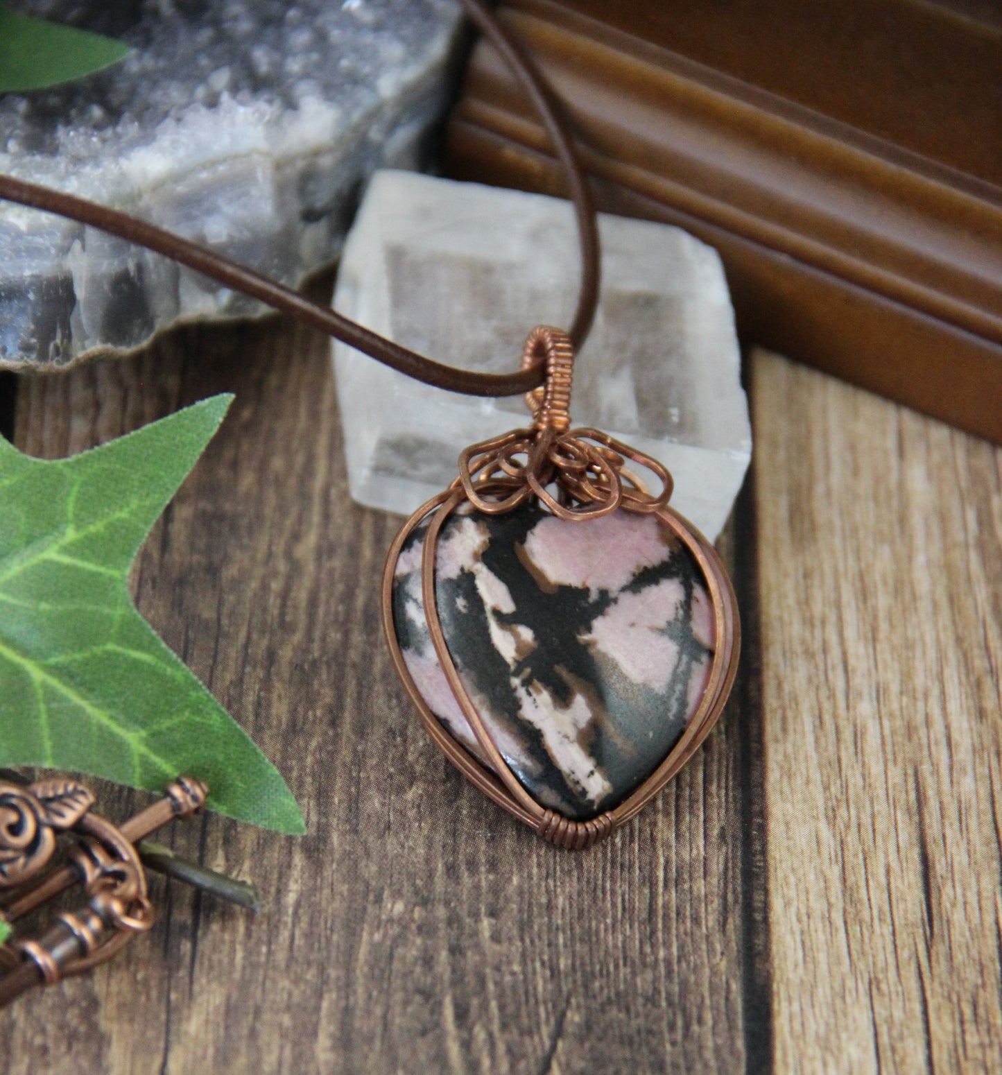 Pink and Brown Rhodonite Heart Strawberry Pendant Necklace