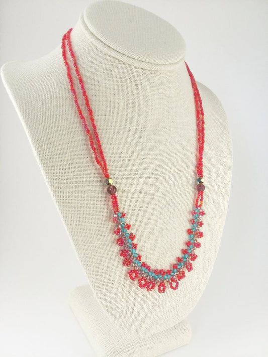 Sparkly Red, Purple and Blue Lacy Seed Bead Necklace