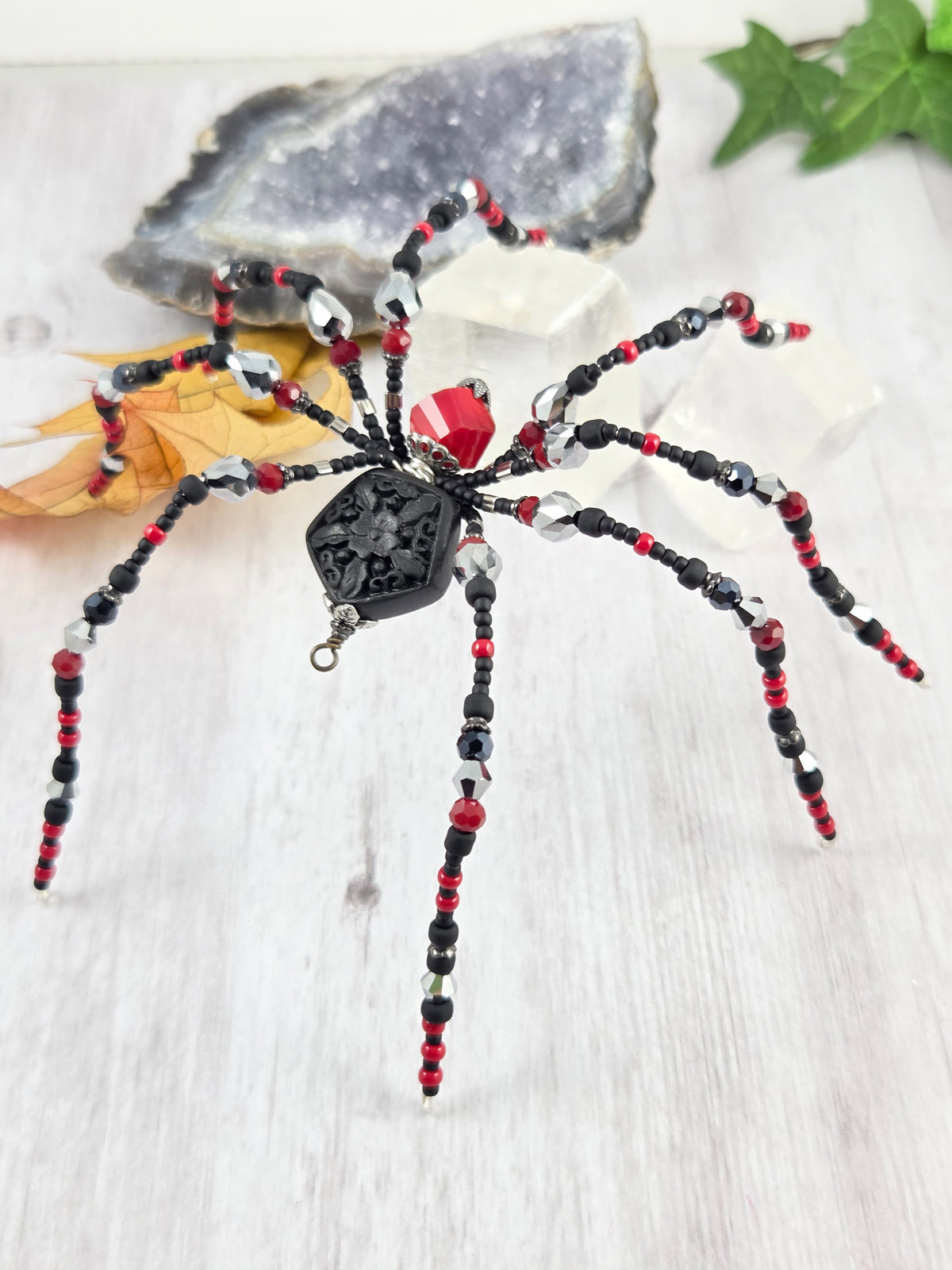 Black, Red and Silver Sparkly Spider Ornament