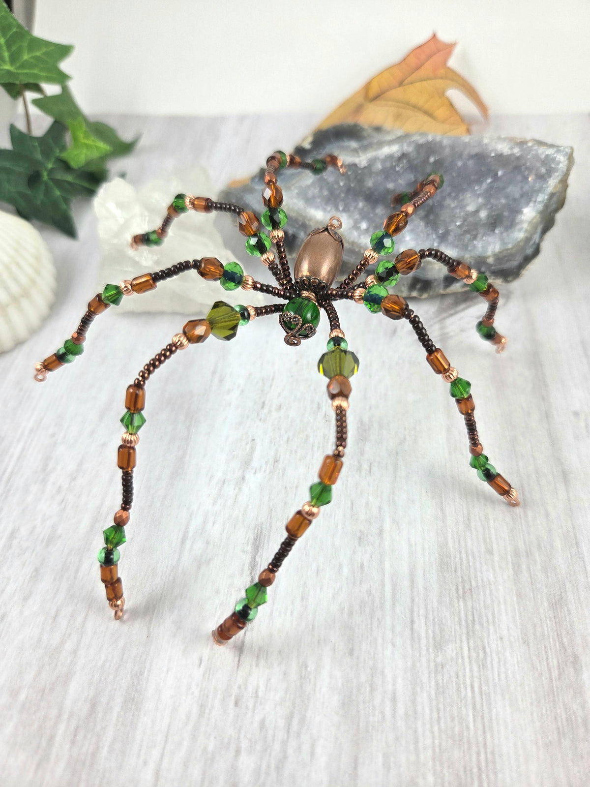 Brown and Green Festive Sparkly Spider Ornament
