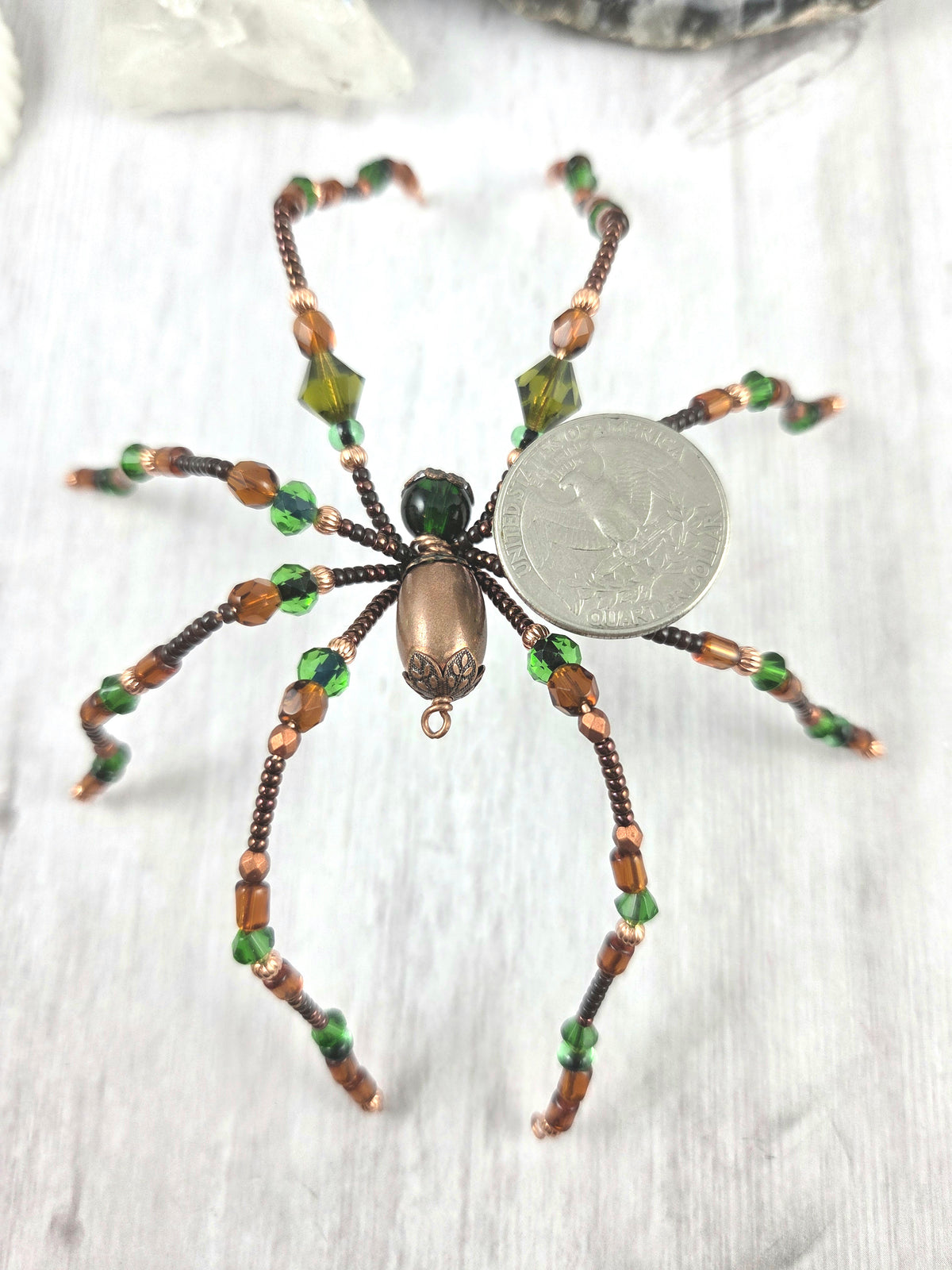 Brown and Green Festive Sparkly Spider Ornament
