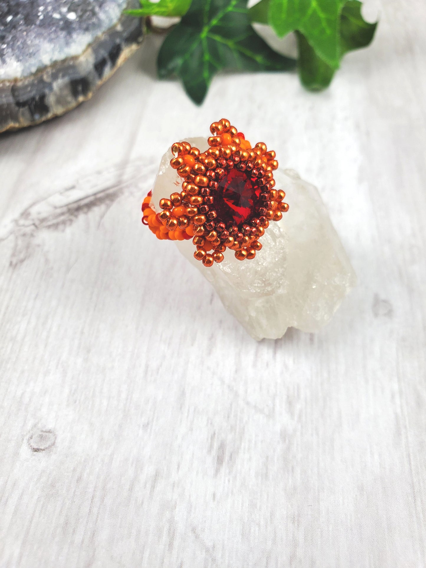 Orange and Red Fire Flower Beaded Ring