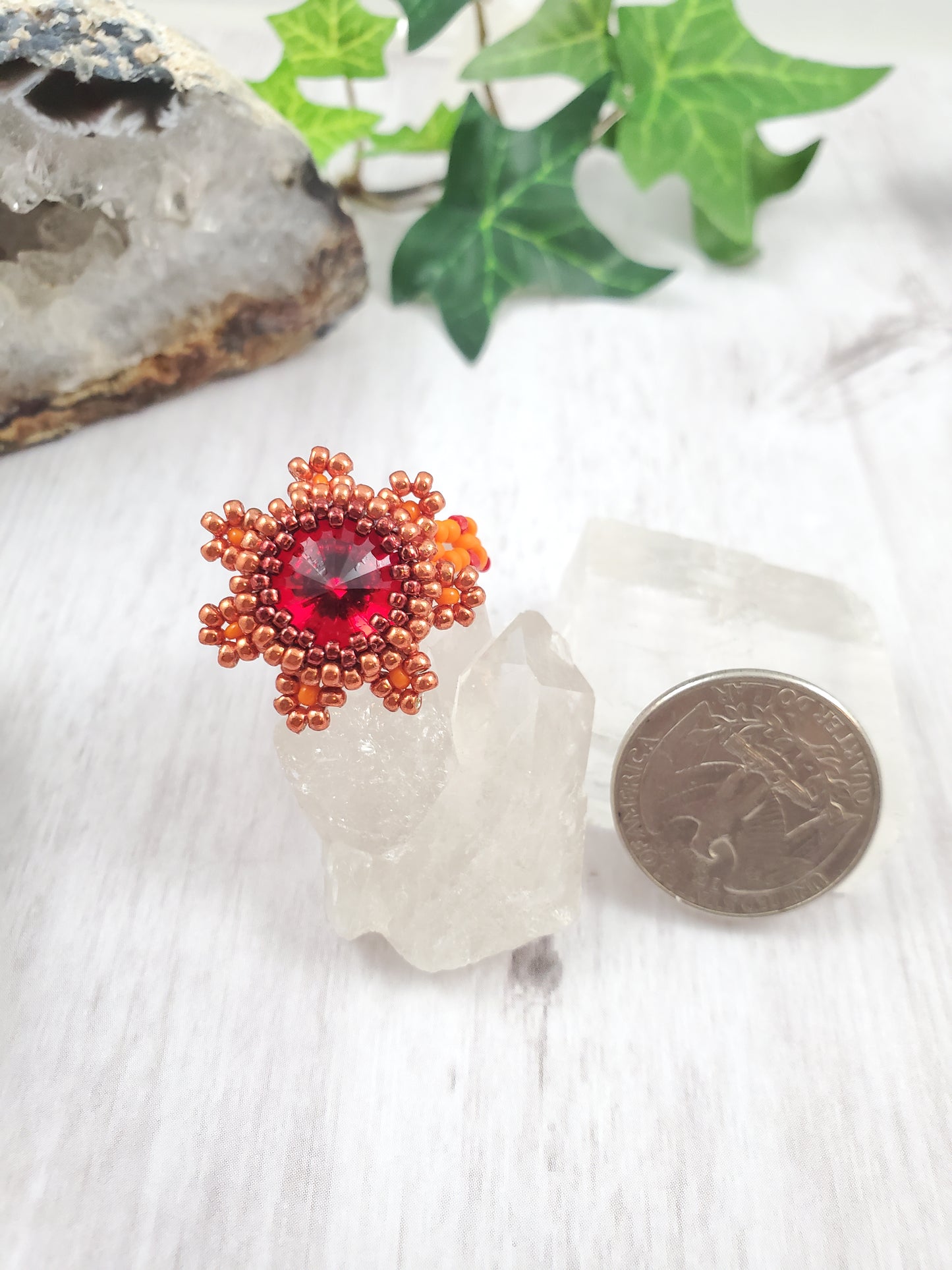 Orange and Red Fire Flower Beaded Ring