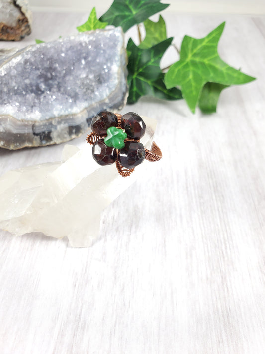 Garnet Briolette Flower Copper Ring