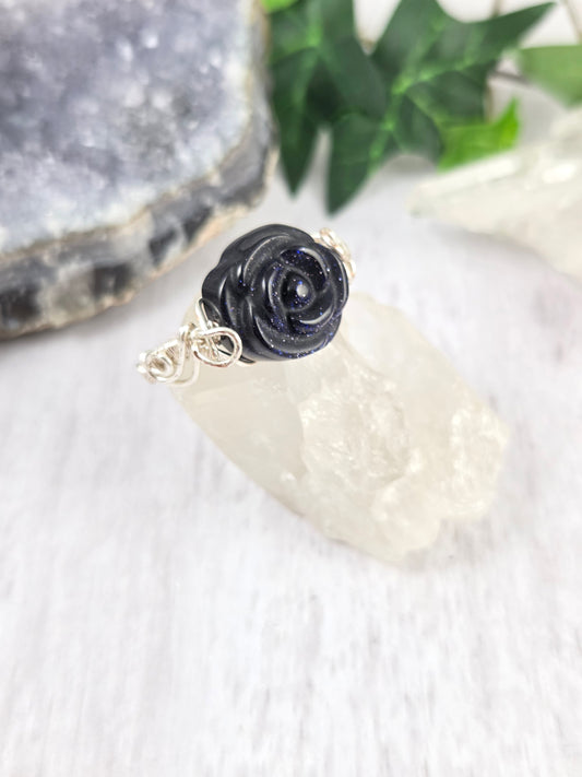 Sparkly Blue Goldstone and Silver Rose Ring