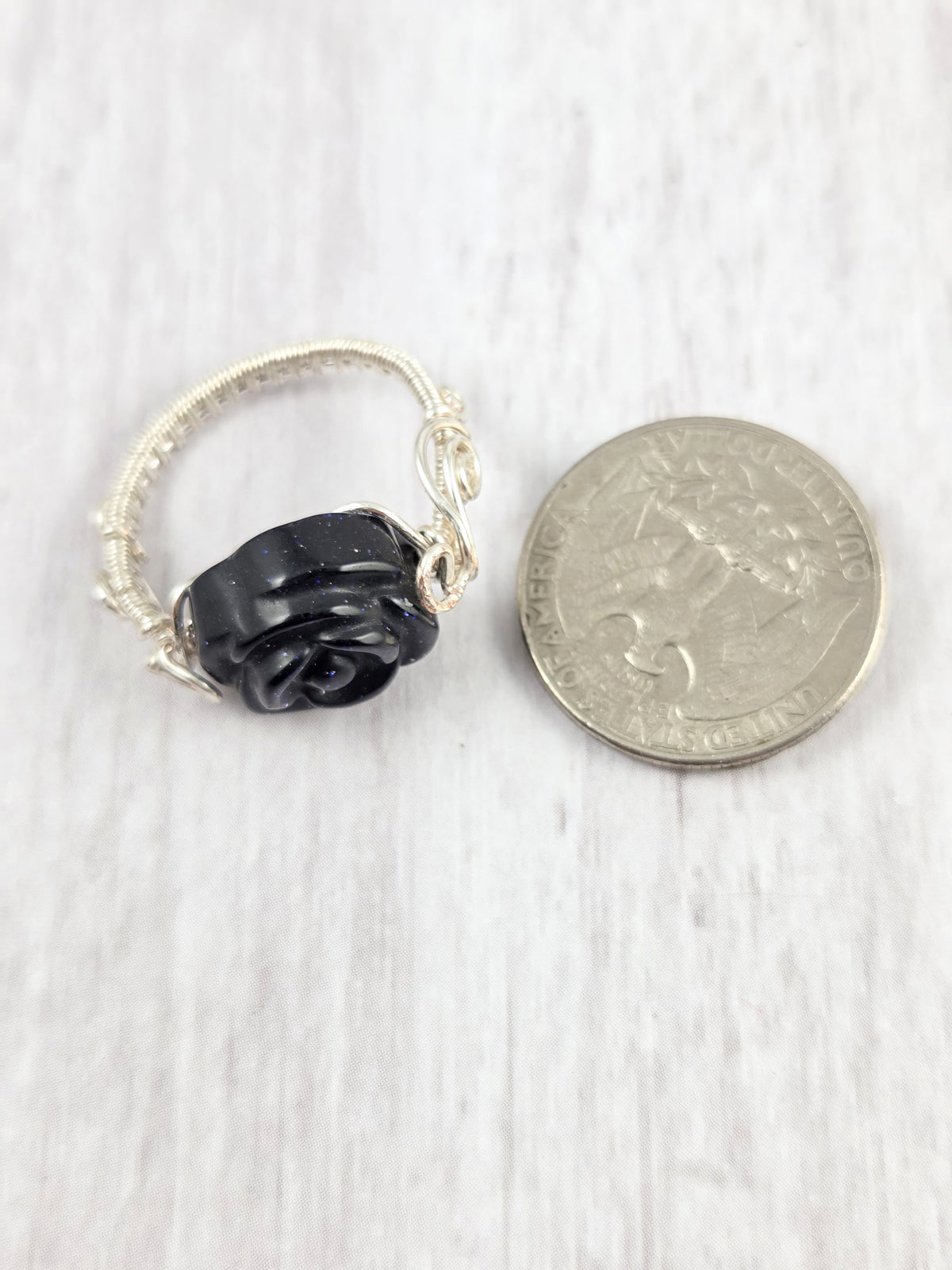 Sparkly Blue Goldstone and Silver Rose Ring