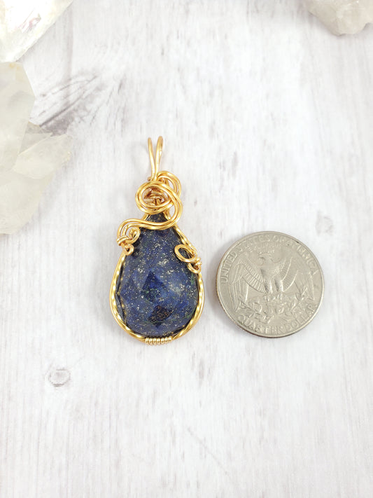 Faceted Lapis Lazuli Teardrop Pendant Wrapped in Gold