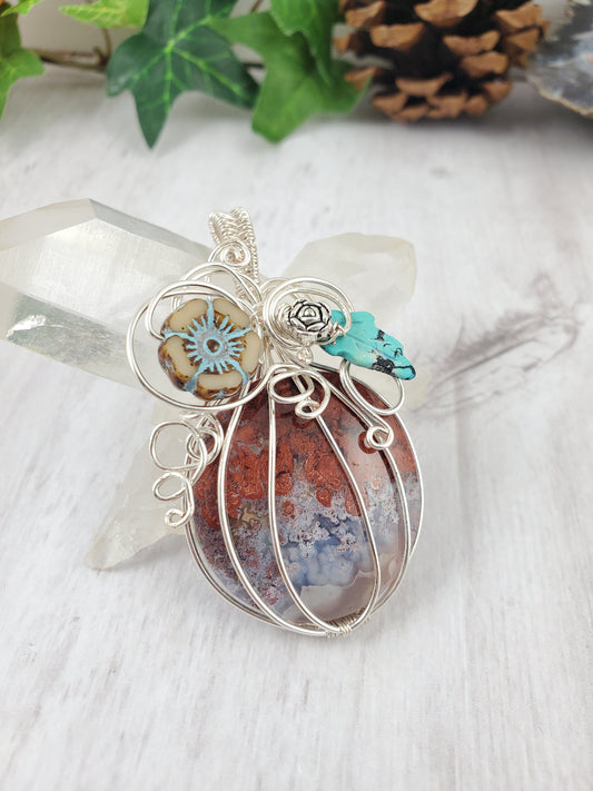 Fabulous Red and Blue Ombre Scenic Agate Pumpkin Pendant