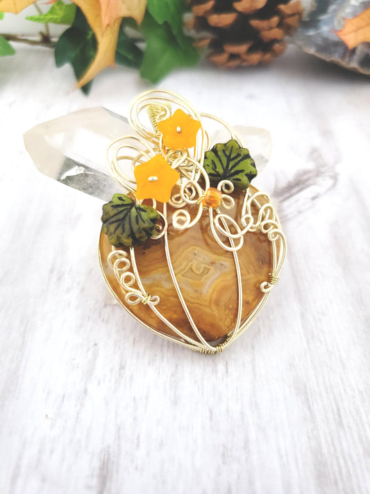 Beautiful Orange Banded Agate Pumpkin Pendant with Squash Flowers