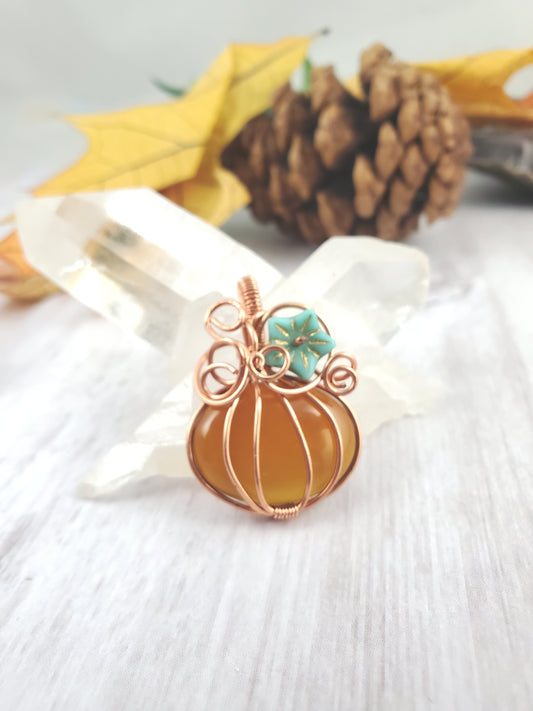 Whimsical Mini Pumpkin Pendant with Turquoise Flower