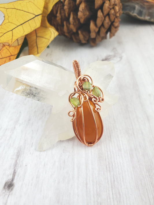 Tall Mini Carnelian Pumpkin Pendant with Glass Leaves