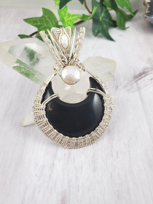 Black Obsidian and Pearls Crescent Moon Pendant