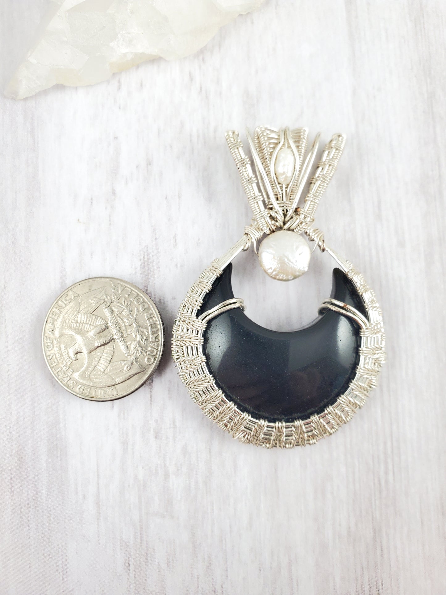Black Obsidian and Pearls Crescent Moon Pendant