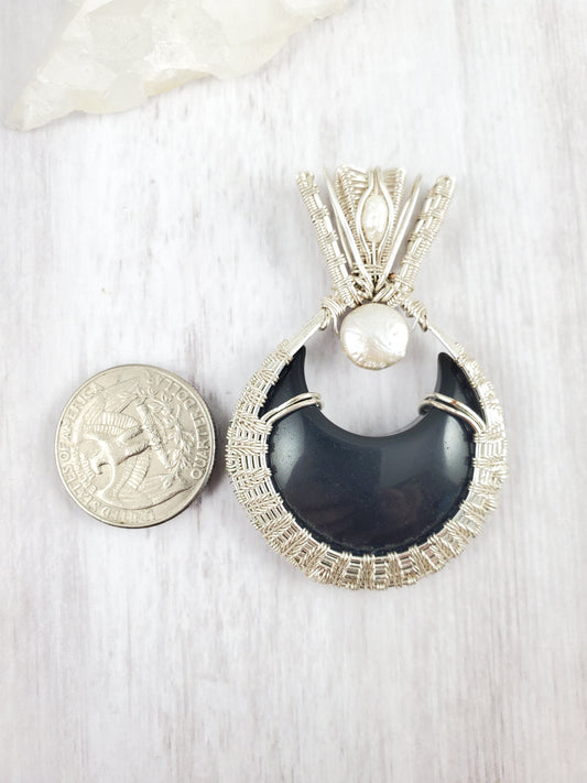 Black Obsidian and Pearls Crescent Moon Pendant