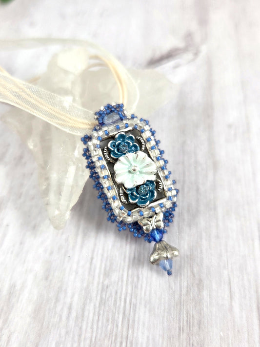 Blue and Silver Bead Embroidered Rectangle Flower Pendant