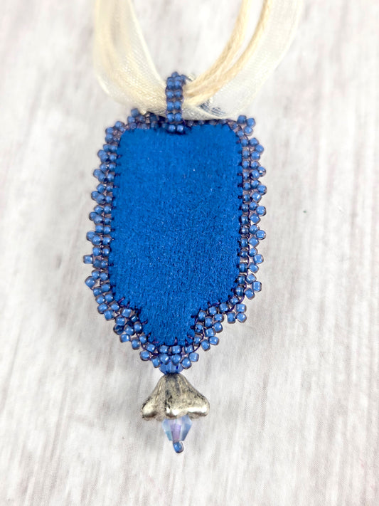 Blue and Silver Bead Embroidered Rectangle Flower Pendant