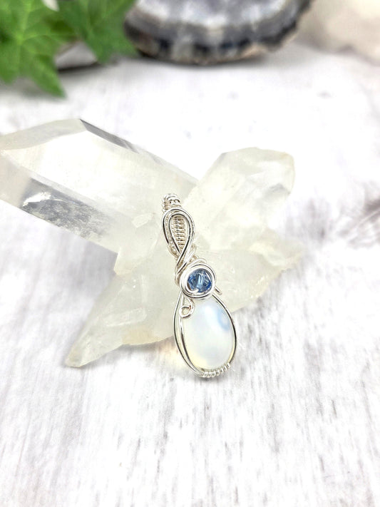 Silver Wire-Wrapped Opalite Pendant with Blue Accent