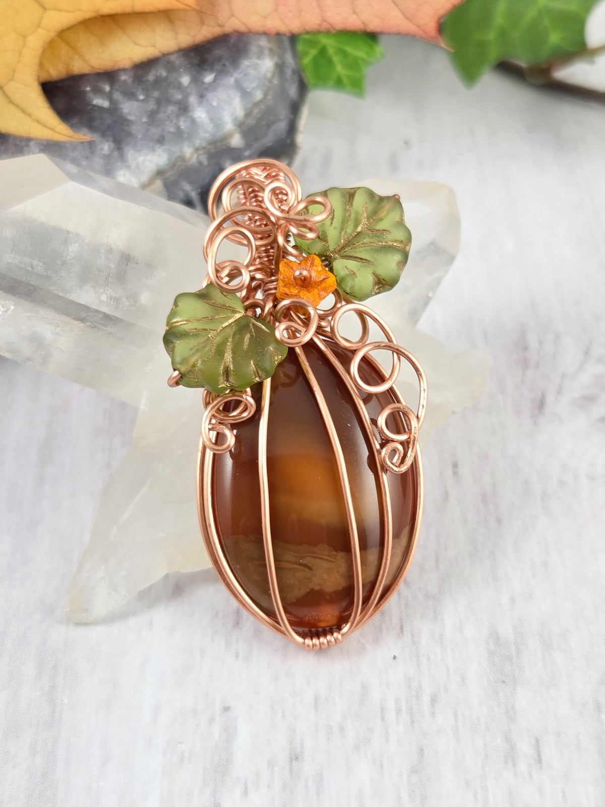Brown Jasper Pumpkin with Bright Green Leaves