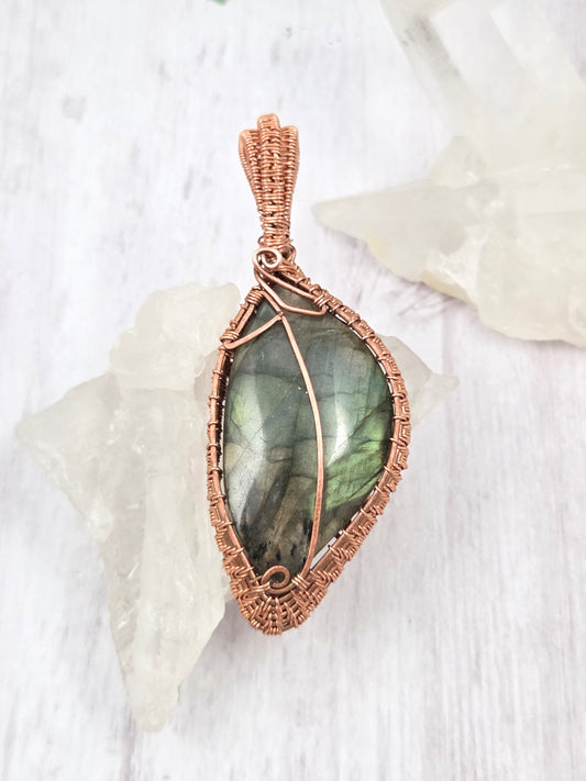 Green Flash Labradorite Wire Wrapped Leaf Pendant