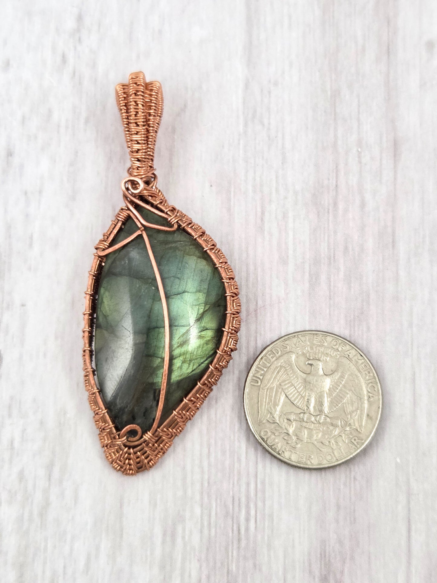 Green Flash Labradorite Wire Wrapped Leaf Pendant