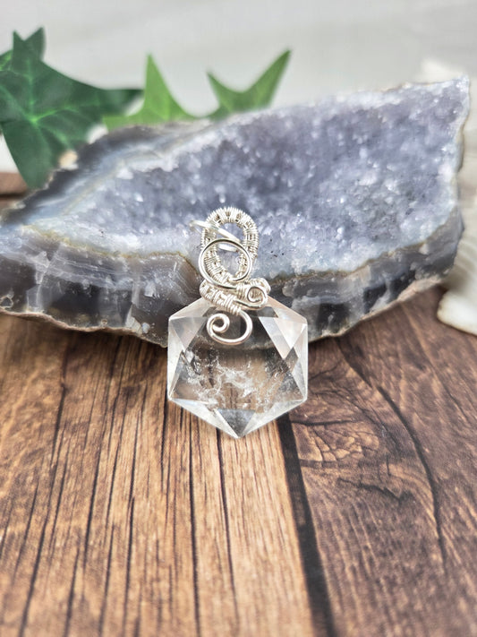 Beautiful Hexagonal Cut Quartz Pendant Wrapped in Silver
