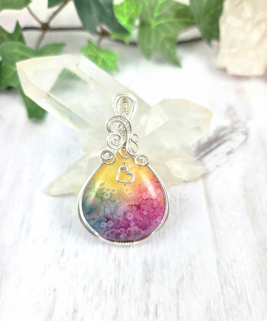 Rainbow Quartz Teardrop Wire Wrapped Pendant with Heart