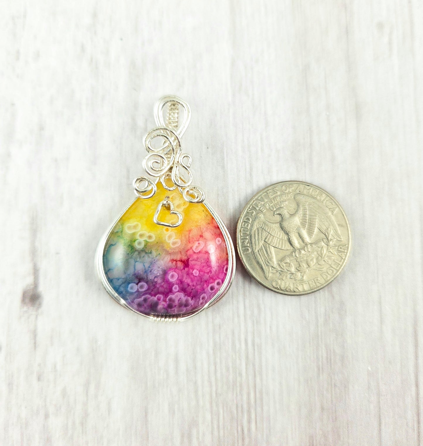 Rainbow Quartz Teardrop Wire Wrapped Pendant with Heart