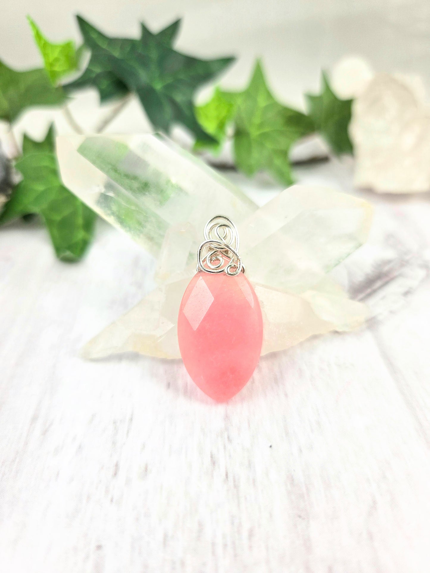 Bright Pink Faceted Marquise Pendant with Silver Wrapped Bail