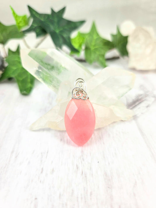 Bright Pink Faceted Marquise Pendant with Silver Wrapped Bail