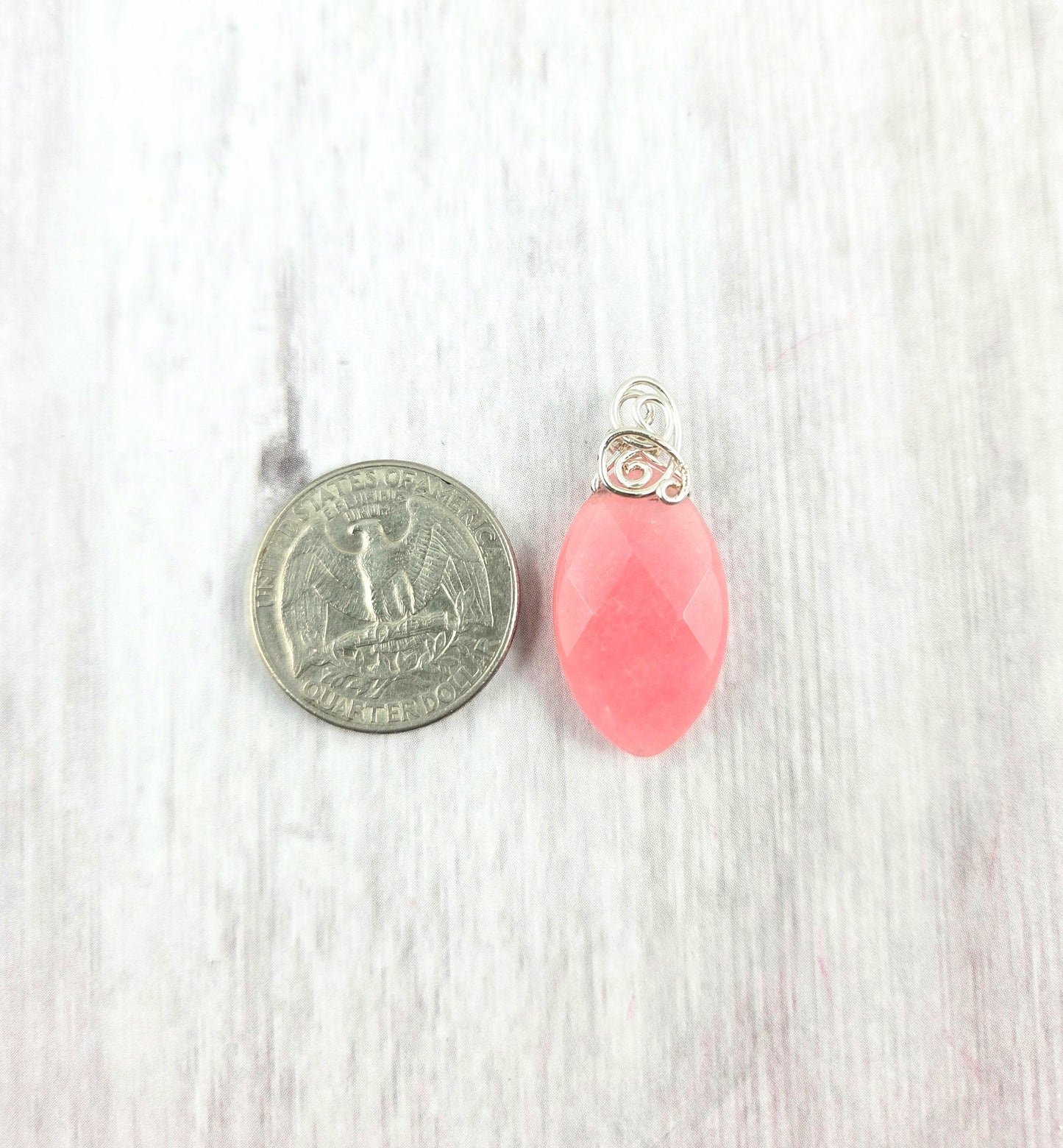 Bright Pink Faceted Marquise Pendant with Silver Wrapped Bail