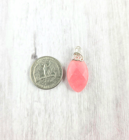 Bright Pink Faceted Marquise Pendant with Silver Wrapped Bail