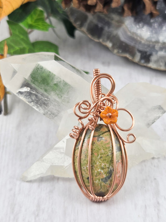 Whimsical Unakite Pumpkin Pendant with Flower
