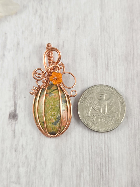 Whimsical Unakite Pumpkin Pendant with Flower