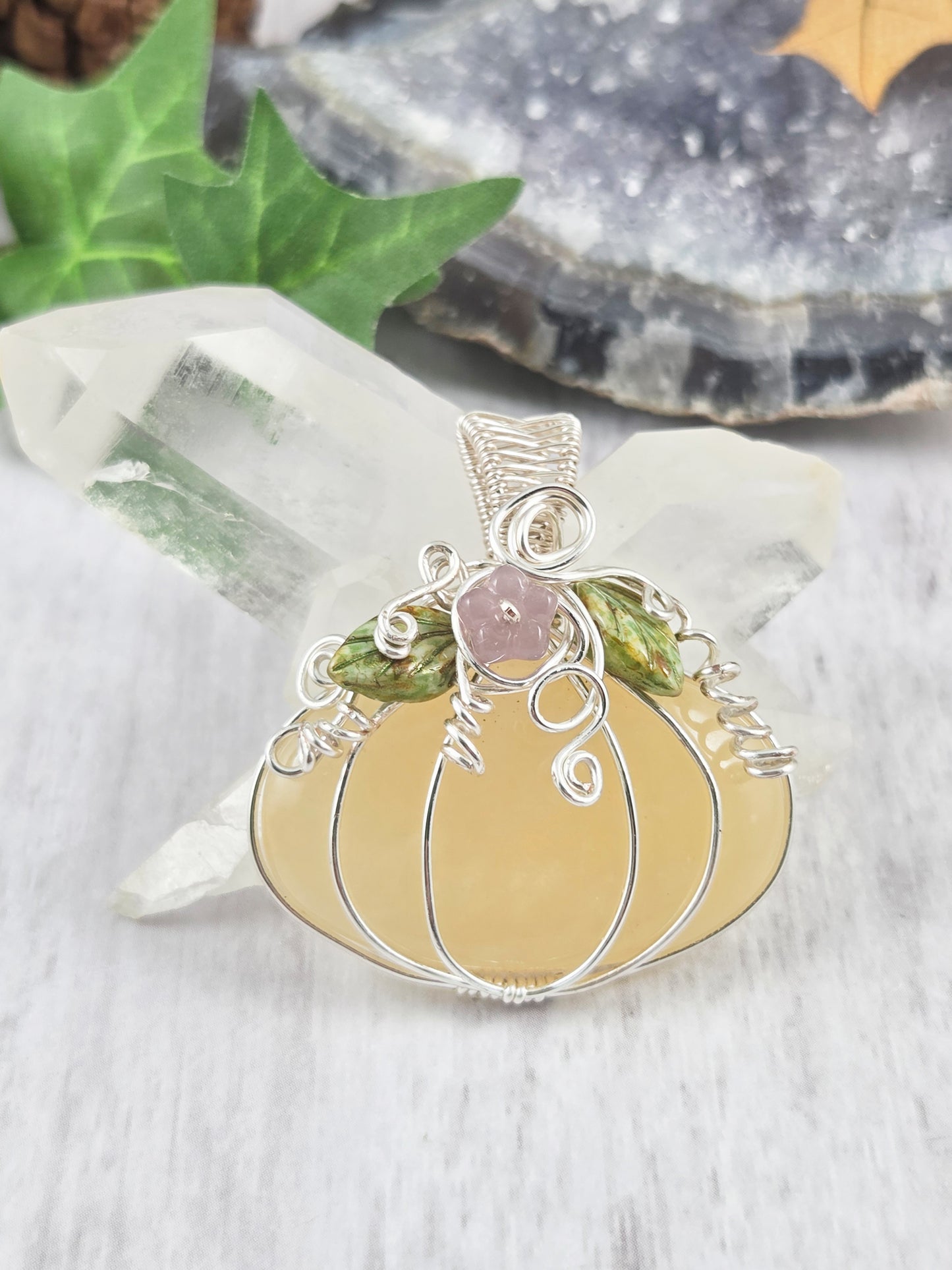 Whimsical Yellow Calcite Pumpkin with Purple Flower