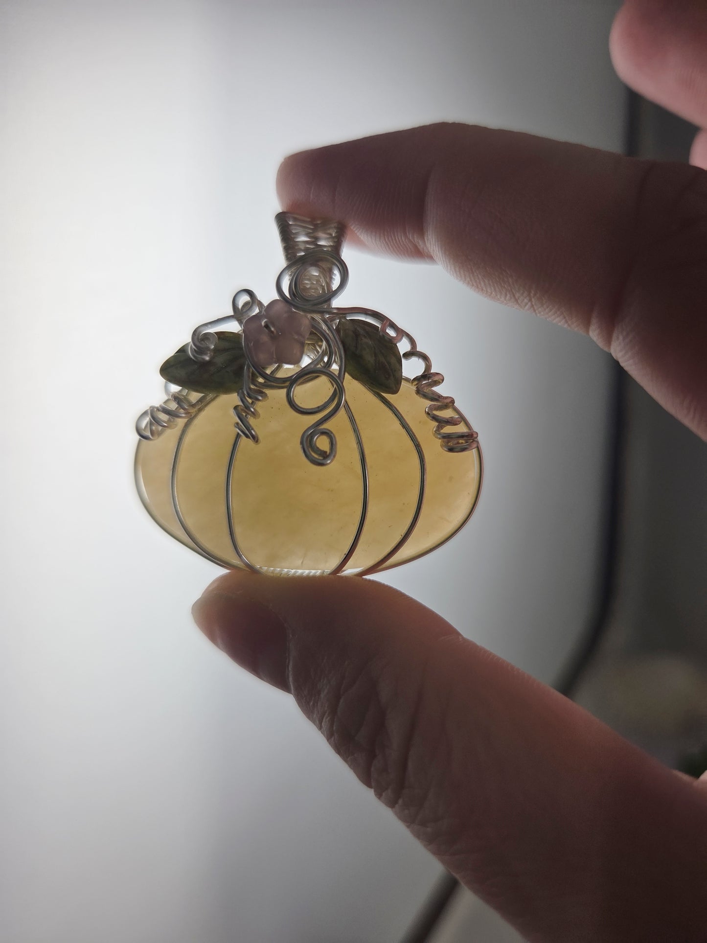 Whimsical Yellow Calcite Pumpkin with Purple Flower