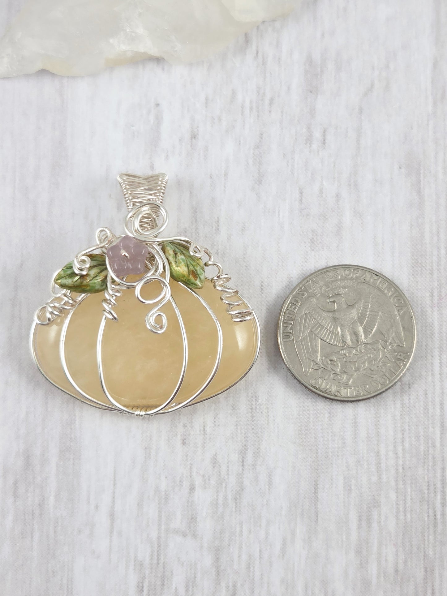 Whimsical Yellow Calcite Pumpkin with Purple Flower