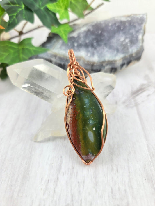 Double Sided Colorful Red and Green Jasper Leaf Pendant