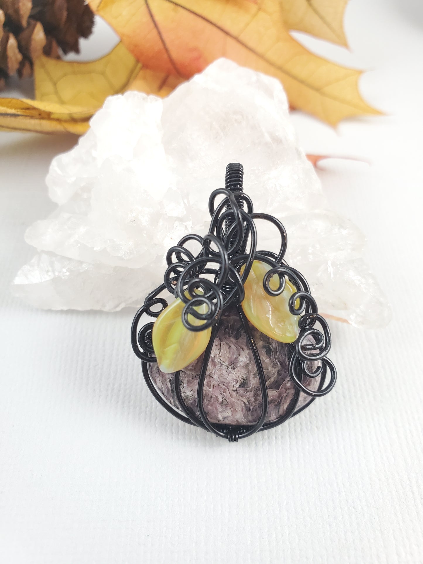 Purple Black and Green Charoite Pumpkin Pendant