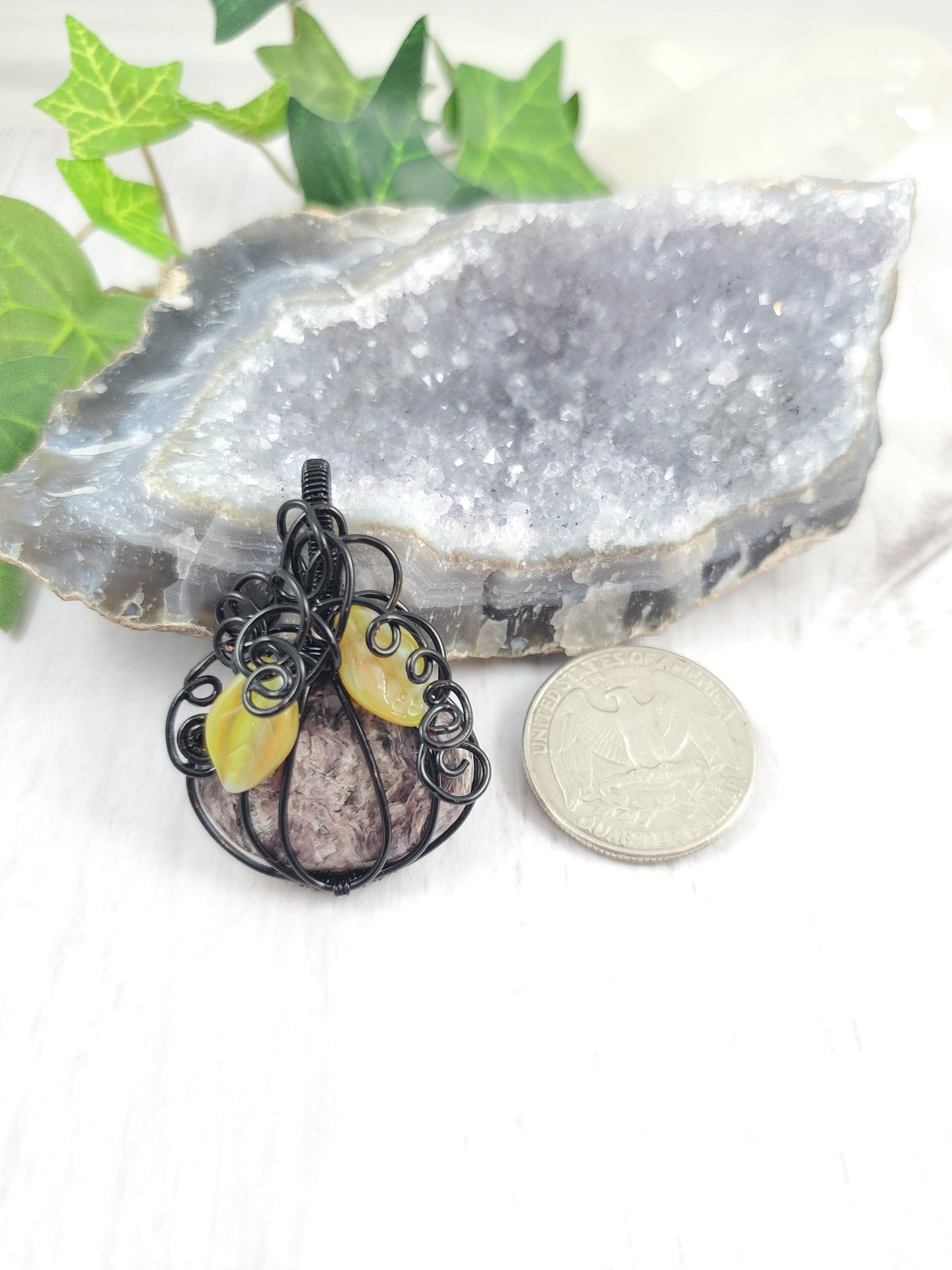 Purple Black and Green Charoite Pumpkin Pendant