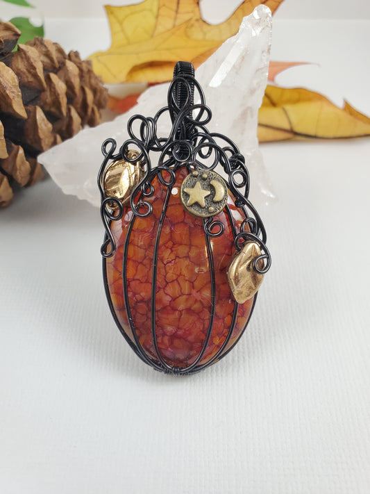 Dark Orange and Black Dragon Agate Pumpkin Pendant