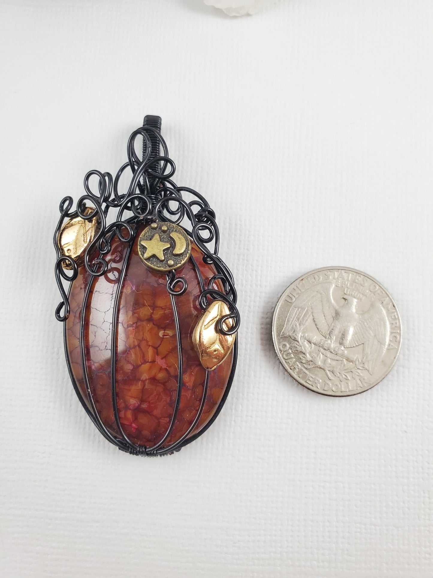 Dark Orange and Black Dragon Agate Pumpkin Pendant