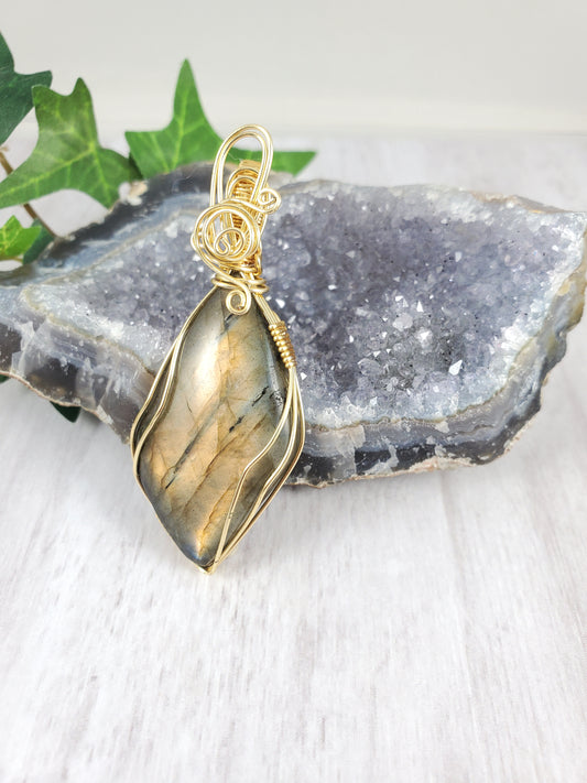 Orange Gold Flash Leaf Labradorite Pendant