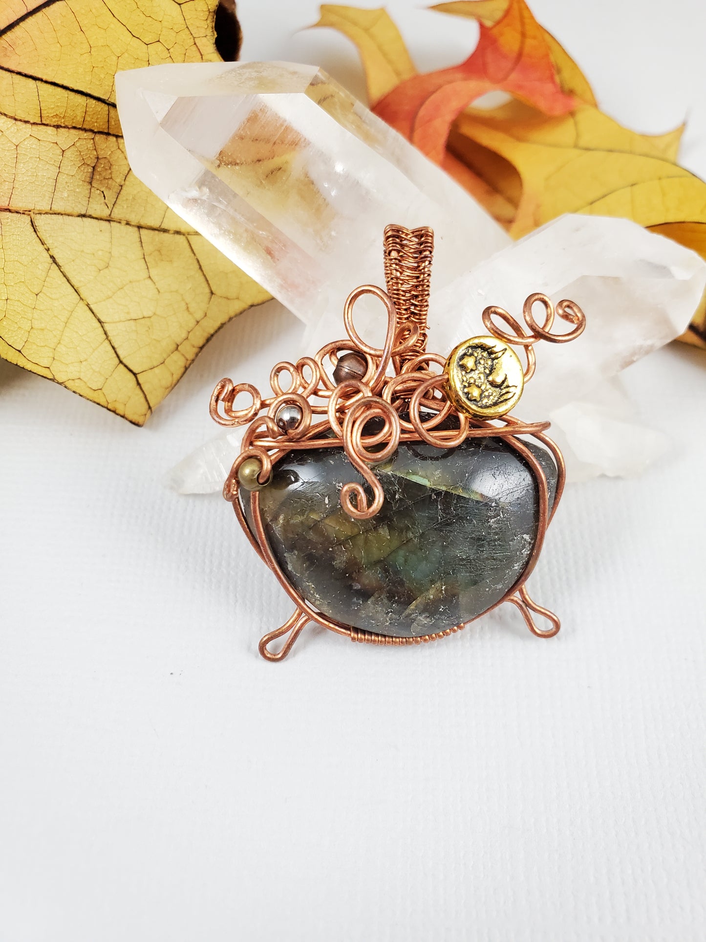 Labradorite Witch Cauldron Pendant with Bubbles and Moon Accent