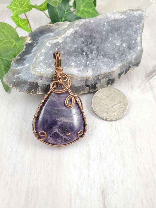 Dream amethyst teardrop copper pendant