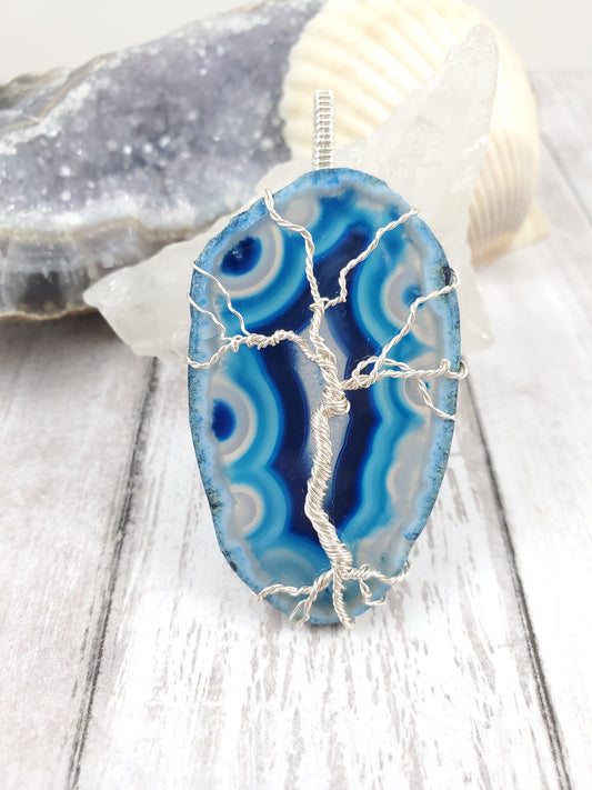 Blue Orbicular Agate Suncatcher with Wrapped Silver Tree of Life