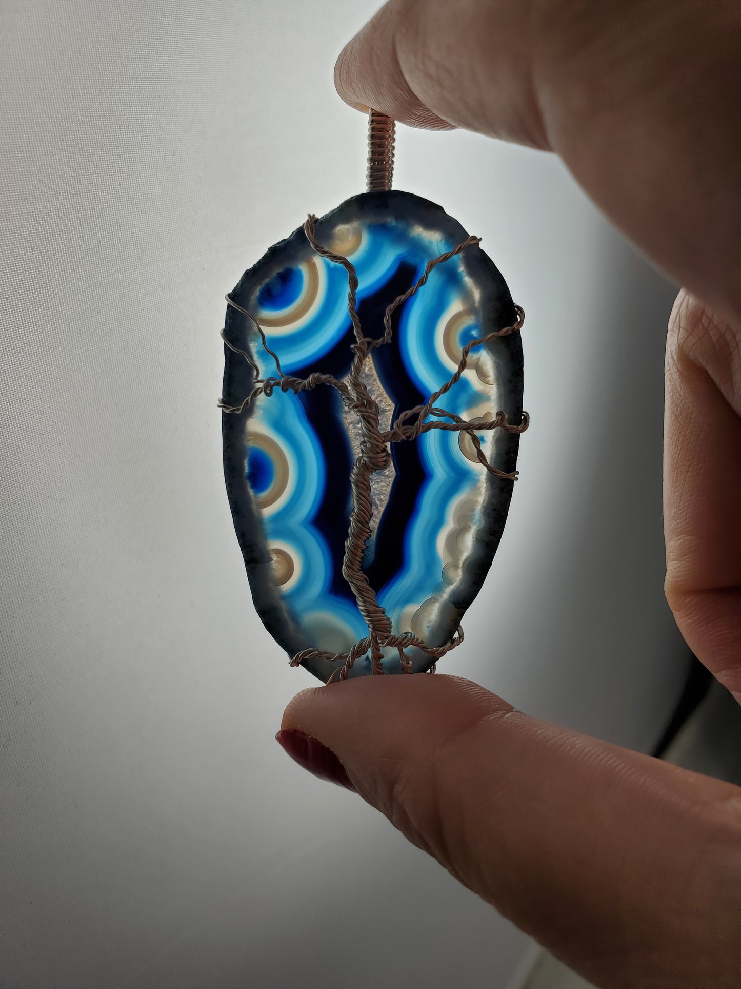 Blue Orbicular Agate Suncatcher with Wrapped Silver Tree of Life